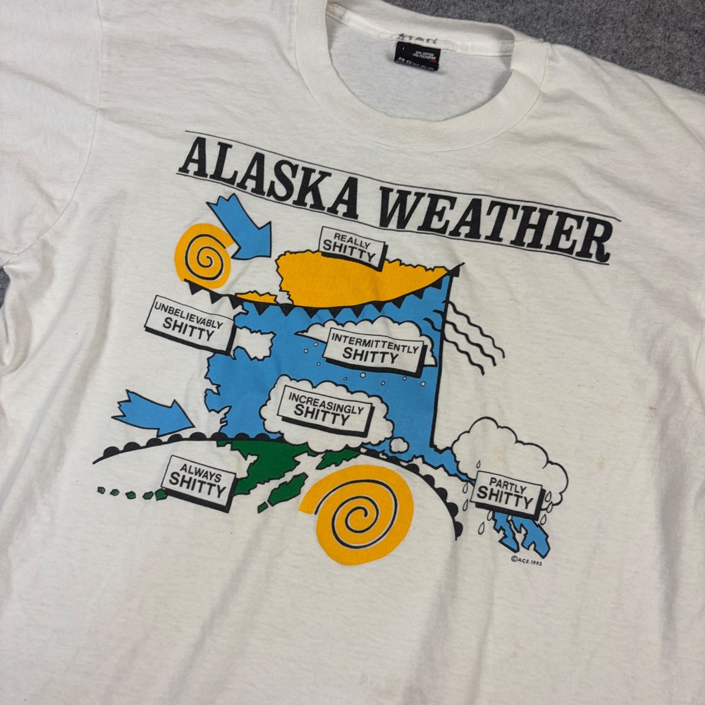 Vintage 1993 Alaska Weather Graphic T-Shirt Fruit of the Loom Best White Large - Picture 2 of 8